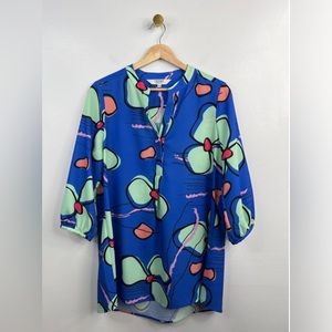 Crosby by Mollie Burch Floral V-Neck Blouse Top Blue/Green Size: Small